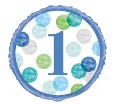 BLUE DOTS 1ST BIRTHDAY ROUND FOIL BALLOON 18"