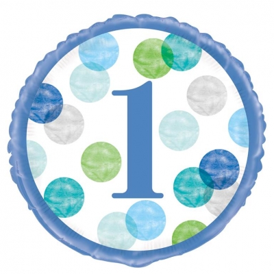 BLUE DOTS 1ST BIRTHDAY ROUND FOIL BALLOON 18"