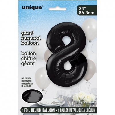 BLACK NUMBER 8 SHAPED FOIL BALLOON 34"