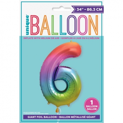 RAINBOW NUMBER 6 SHAPED FOIL BALLOON 34"