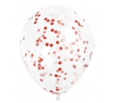 12" Clear Latex Balloons with Ruby Red Confetti Pack of 6
