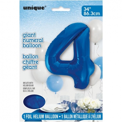 BLUE NUMBER 4 SHAPED FOIL BALLOON 34"