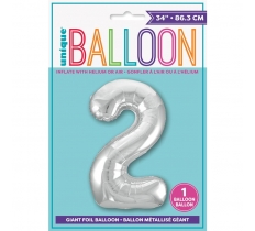 SILVER NUMBER 2 SHAPED FOIL BALLOON 34"