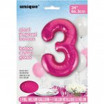 PINK NUMBER 3 SHAPED FOIL BALLOON 34"