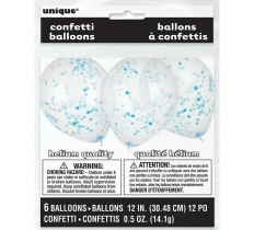 CLEAR LATEX BALLOONS WITH POWDER BLUE CONFETTI 12" 6 PACK