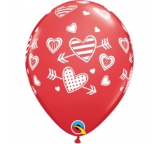 QUALATEX 11" ROUND RED HEARTS & ARROW LATEX BALLOON PACK 25