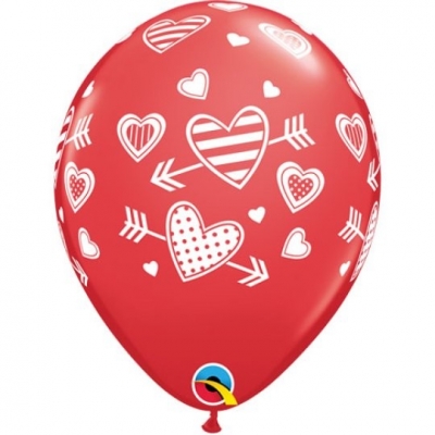 QUALATEX 11" ROUND RED HEARTS & ARROW LATEX BALLOON PACK 25