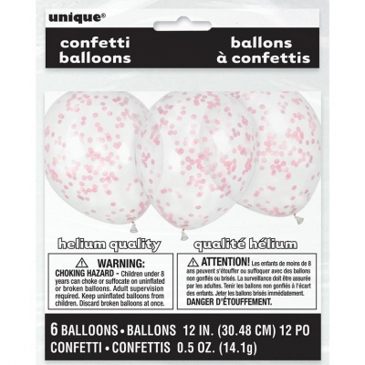 CLEAR LATEX BALLOONS WITH LOVELY PINK CONFETTI 12" 6 PACK