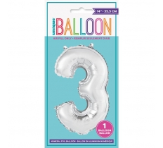 SILVER NUMBER 3 SHAPED FOIL BALLOON 14"