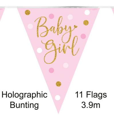 PARTY BUNTING SPARKLING BABY GIRL DOTS HOLOGRAPHIC 11 FLAGS
