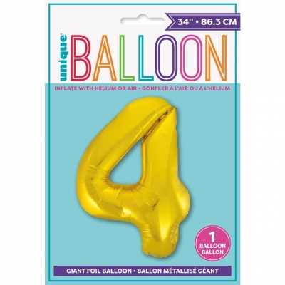 GOLD NUMBER 4 SHAPED FOIL BALLOON 34"