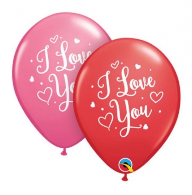 QUALATEX 11" ROUND RED & ROSE 25CT I LOVE YOU HEARTS SCRIPT