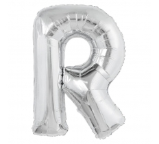 Silver Letter R Shaped Foil Balloon 34" Packaged