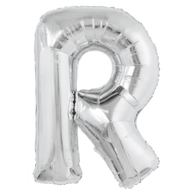 Silver Letter R Shaped Foil Balloon 34" Packaged