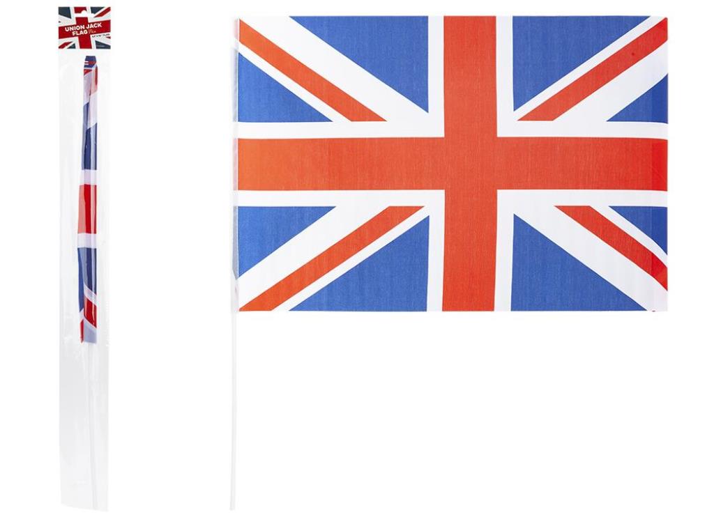 UNION JACK RAYON FLAG WITH STICK 24" X 16" - Click Image to Close