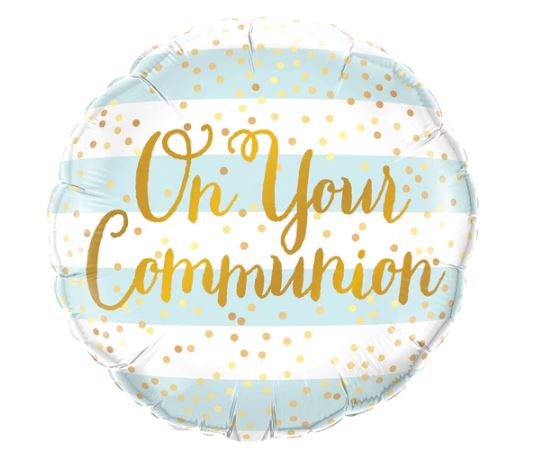 18" ROUND FOIL ON YOUR COMMUNION BLUE STRIPES - Click Image to Close