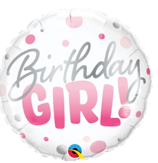 18" ROUND BIRTHDAY GIRL PINK DOTS BALLOON - Click Image to Close