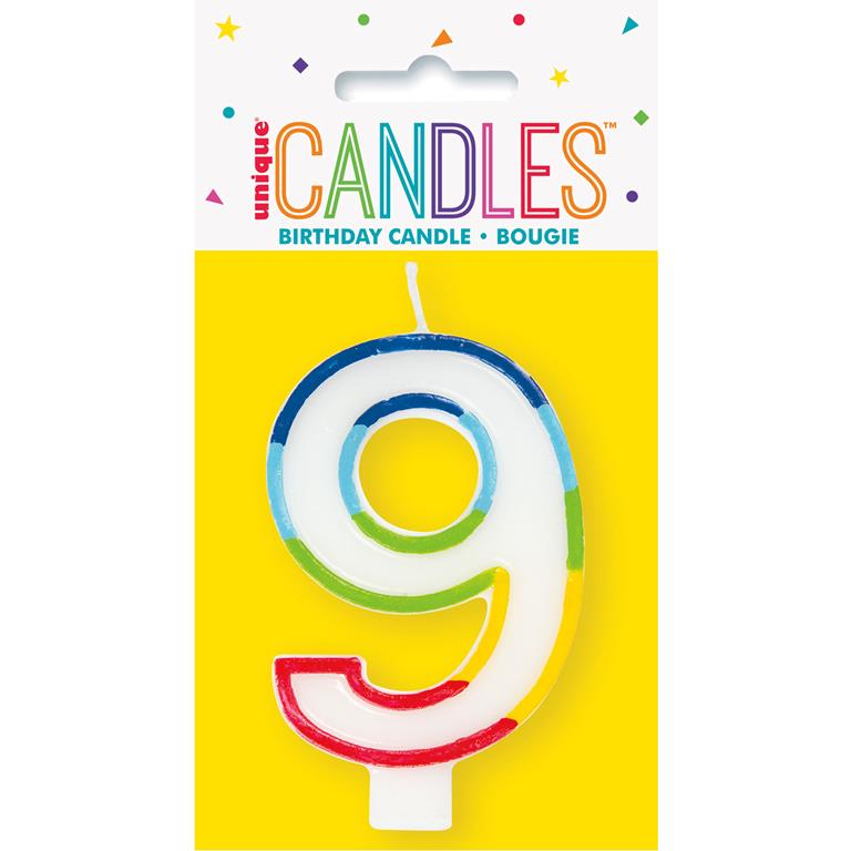 RAINBOW BORDER NUMBER 9 BIRTHDAY CANDLE - Click Image to Close