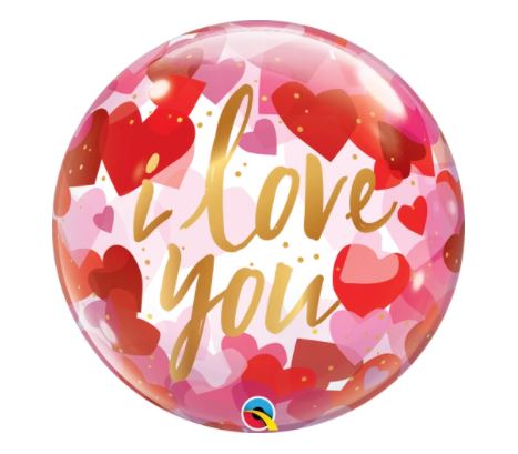 QUALATEX 22" SINGLE BUBBLE I LOVE YOU PAPER HEARTS - Click Image to Close