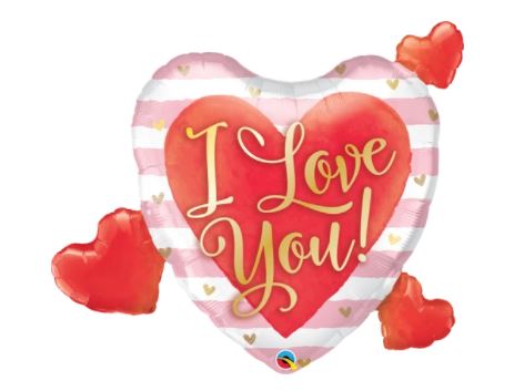 QUALATEX 37" SHAPE I LOVE YOU PINK STRIPES & HEARTS BALLOON - Click Image to Close