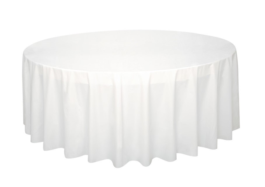 White Solid Round Plastic Table Cover 84" - Click Image to Close