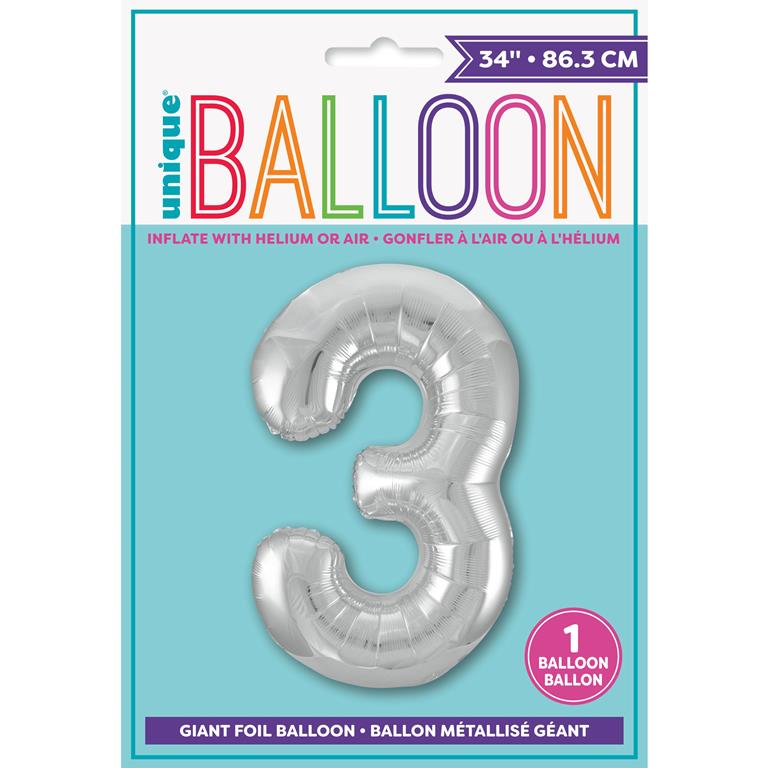 SILVER NUMBER 3 SHAPED FOIL BALLOON 34" - Click Image to Close