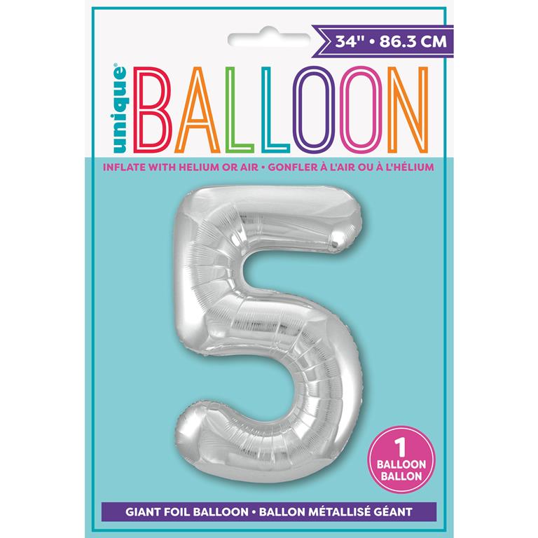 SILVER NUMBER 5 SHAPED FOIL BALLOON 34" - Click Image to Close