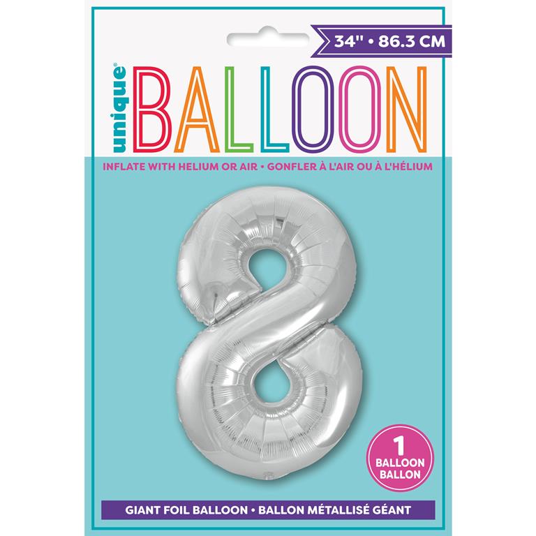 SILVER NUMBER 8 SHAPED FOIL BALLOON 34" - Click Image to Close