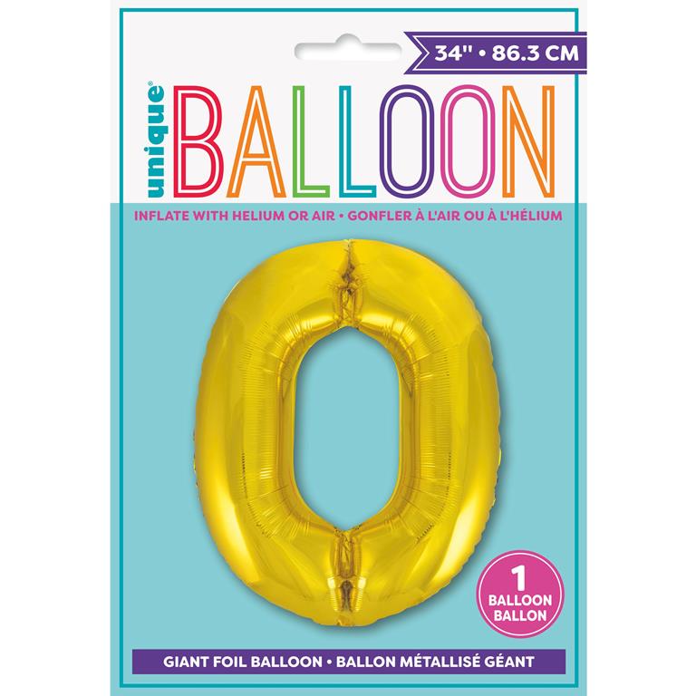 GOLD NUMBER 0 SHAPED FOIL BALLOON 34" - Click Image to Close