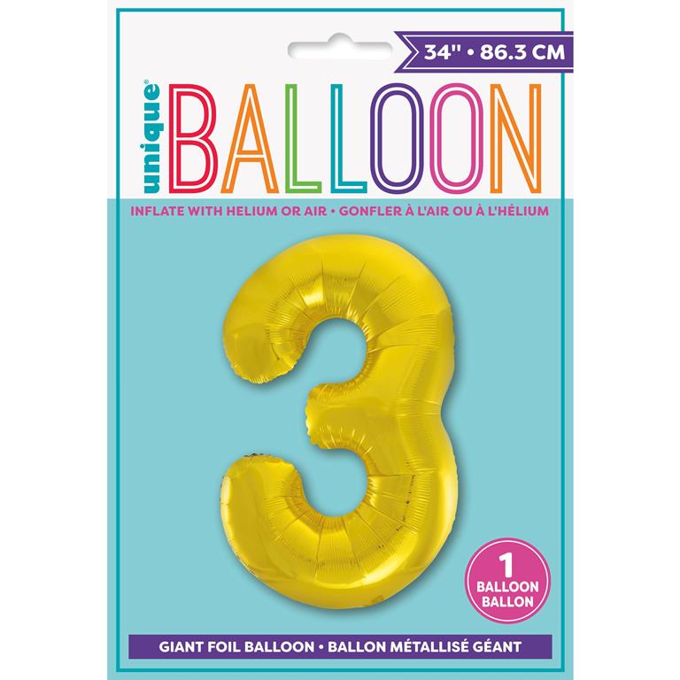 GOLD NUMBER 3 SHAPED FOIL BALLOON 34" - Click Image to Close