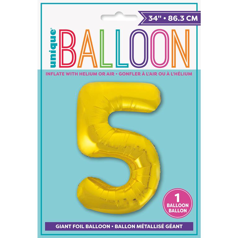 GOLD NUMBER 5 SHAPED FOIL BALLOON 34" - Click Image to Close