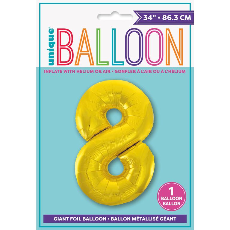 GOLD NUMBER 8 SHAPED FOIL BALLOON 34" - Click Image to Close