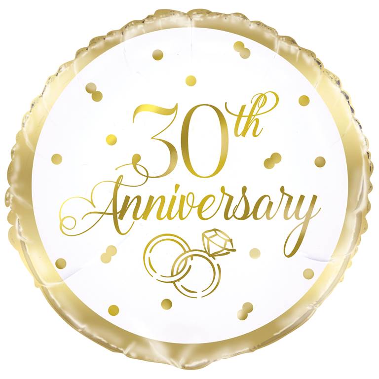 Gold 30th Anniversary Round Foil Balloon 18" Packaged - Click Image to Close