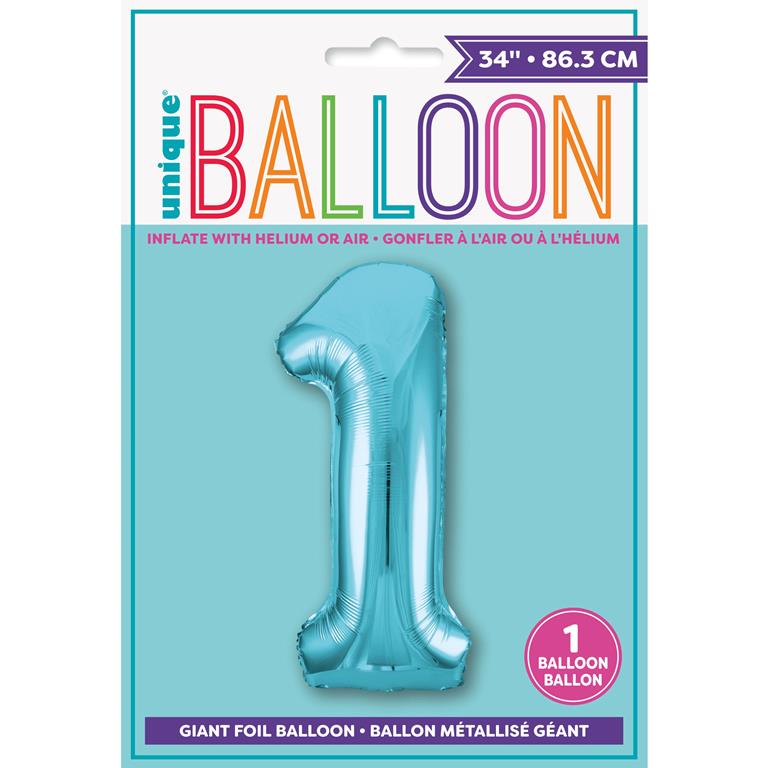 POWDER BLUE NUMBER 1 SHAPED FOIL BALLOON 34" - Click Image to Close
