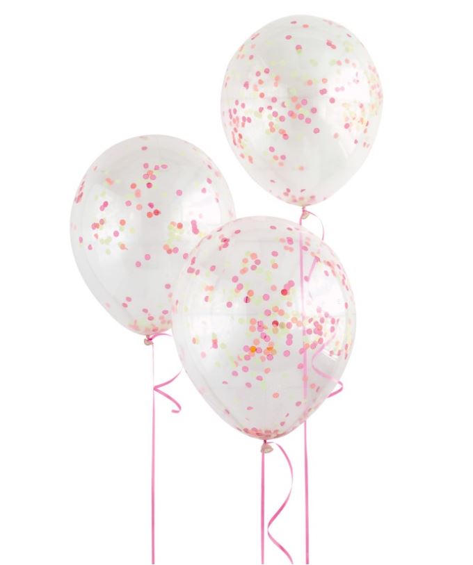 12" Clear Latex Balloons with Neon Confetti Pack of 6 - Click Image to Close