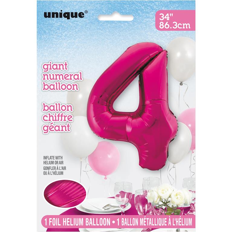 PINK NUMBER 4 SHAPED FOIL BALLOON 34" - Click Image to Close