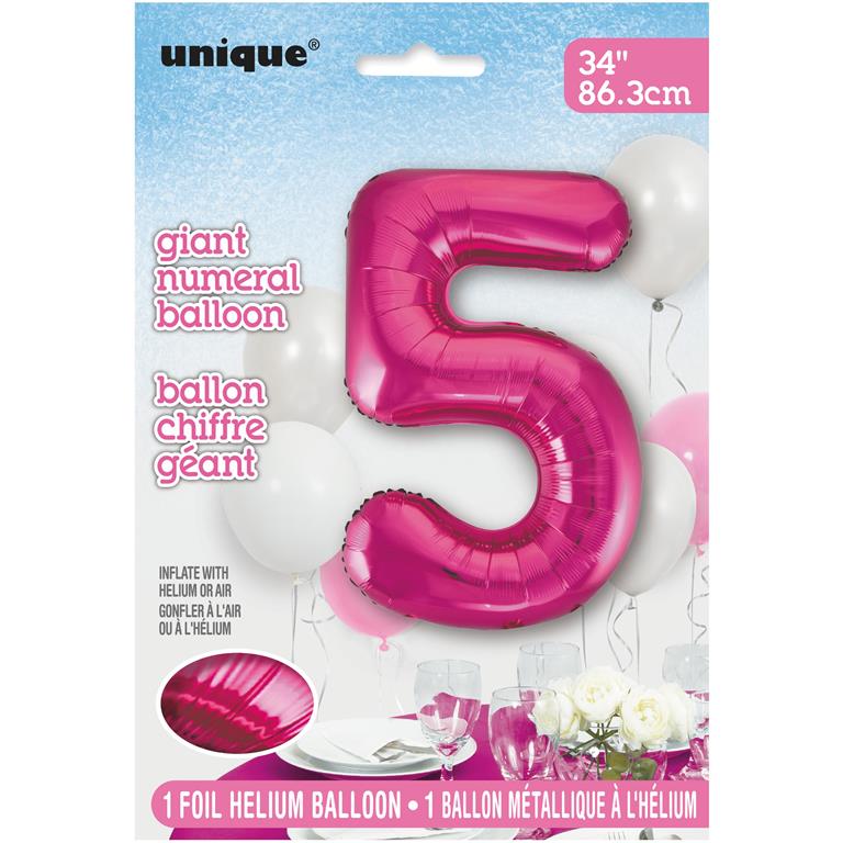 PINK NUMBER 5 SHAPED FOIL BALLOON 34" - Click Image to Close