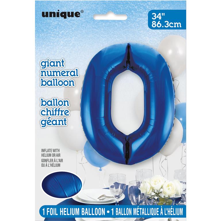 BLUE NUMBER 0 SHAPED FOIL BALLOON 34" - Click Image to Close