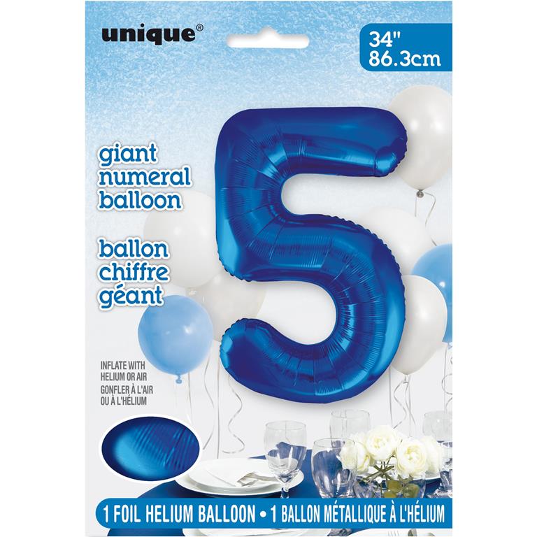 BLUE NUMBER 5 SHAPED FOIL BALLOON 34" - Click Image to Close