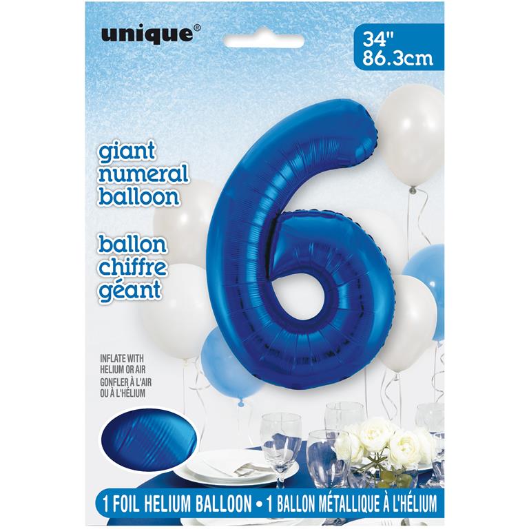 BLUE NUMBER 6 SHAPED FOIL BALLOON 34" - Click Image to Close