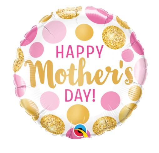 QUALATEX 18" ROUND MOTHER'S DAY PINK & GOLD DOTS BALLOON - Click Image to Close