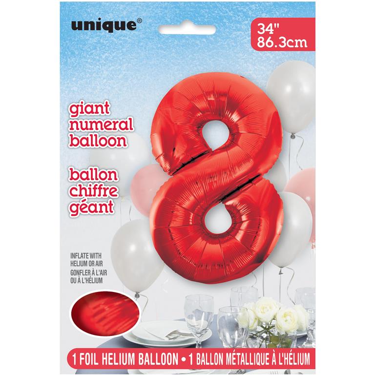 RED NUMBER 8 SHAPED FOIL BALLOON 34" - Click Image to Close