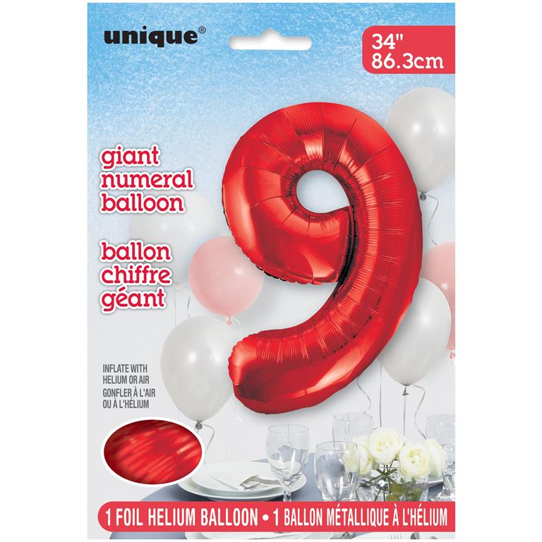 RED NUMBER 9 SHAPED FOIL BALLOON 34" - Click Image to Close