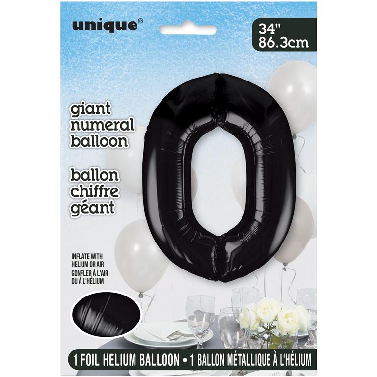 BLACK NUMBER 0 SHAPED FOIL BALLOON 34" - Click Image to Close