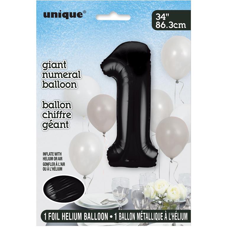 BLACK NUMBER 1 SHAPED FOIL BALLOON 34" - Click Image to Close