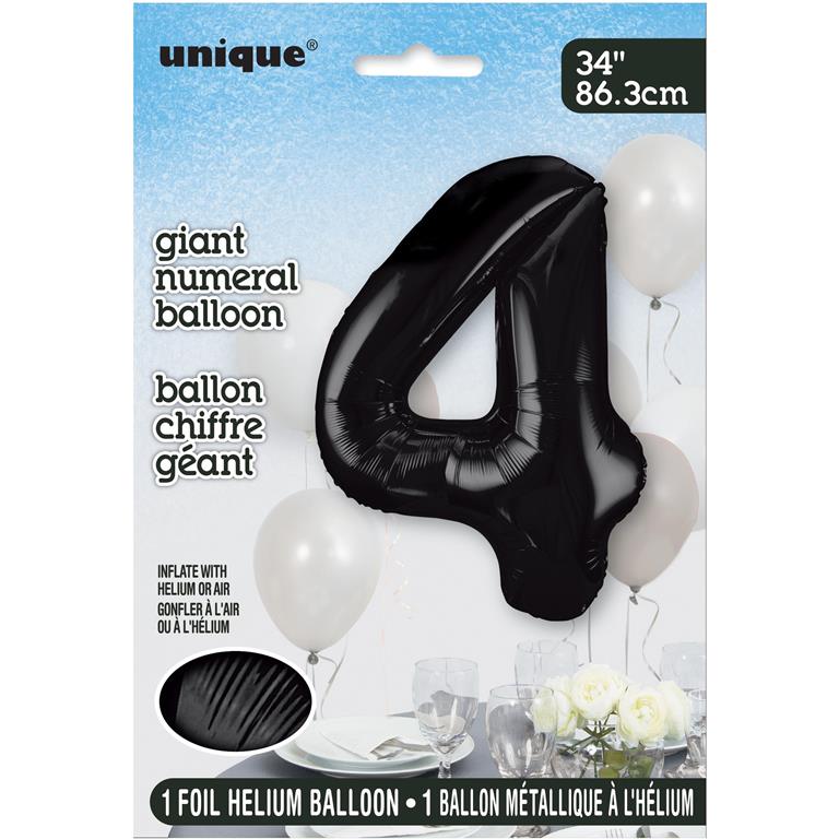 BLACK NUMBER 4 SHAPED FOIL BALLOON 34" - Click Image to Close