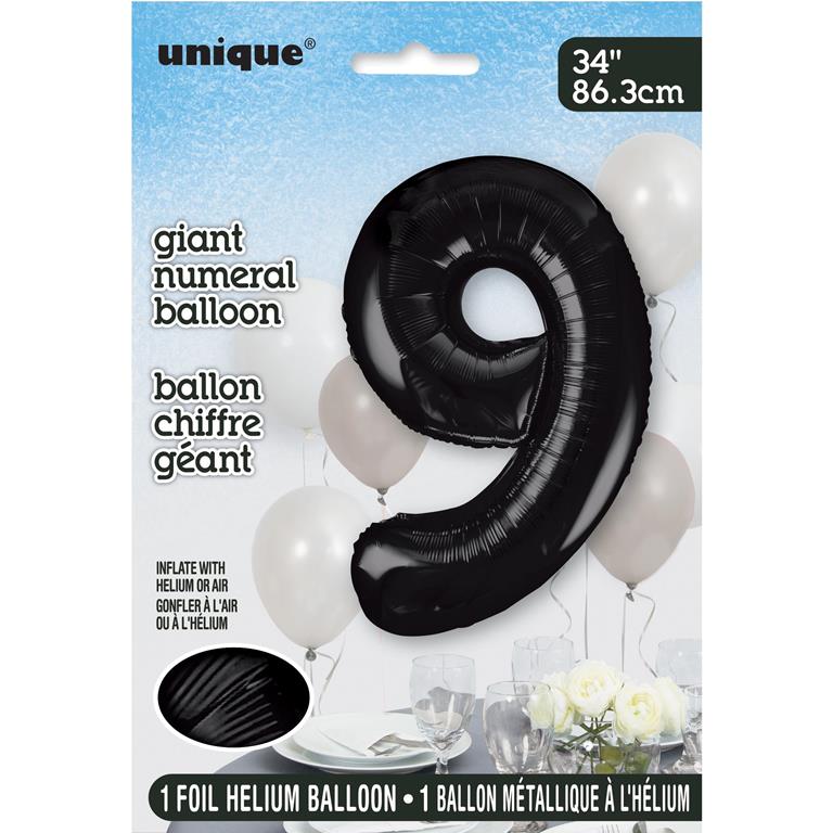BLACK NUMBER 9 SHAPED FOIL BALLOON 34" - Click Image to Close