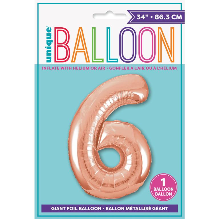 ROSE GOLD NUMBER 6 SHAPED FOIL BALLOON 34" - Click Image to Close