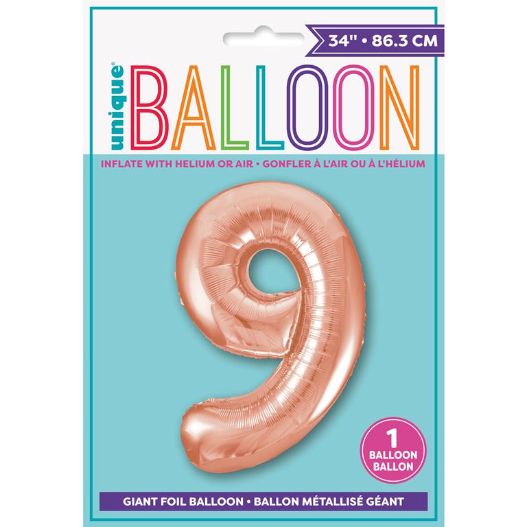 ROSE GOLD NUMBER 9 SHAPED FOIL BALLOON 34" - Click Image to Close