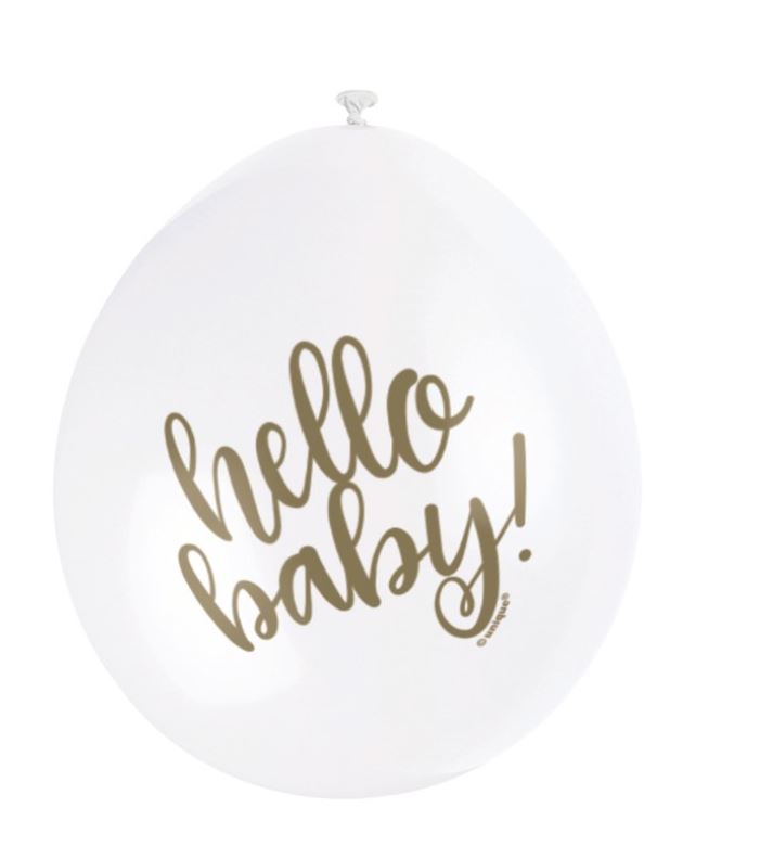 9" White "Hello Baby" Latex Balloons pack of 10 - Click Image to Close